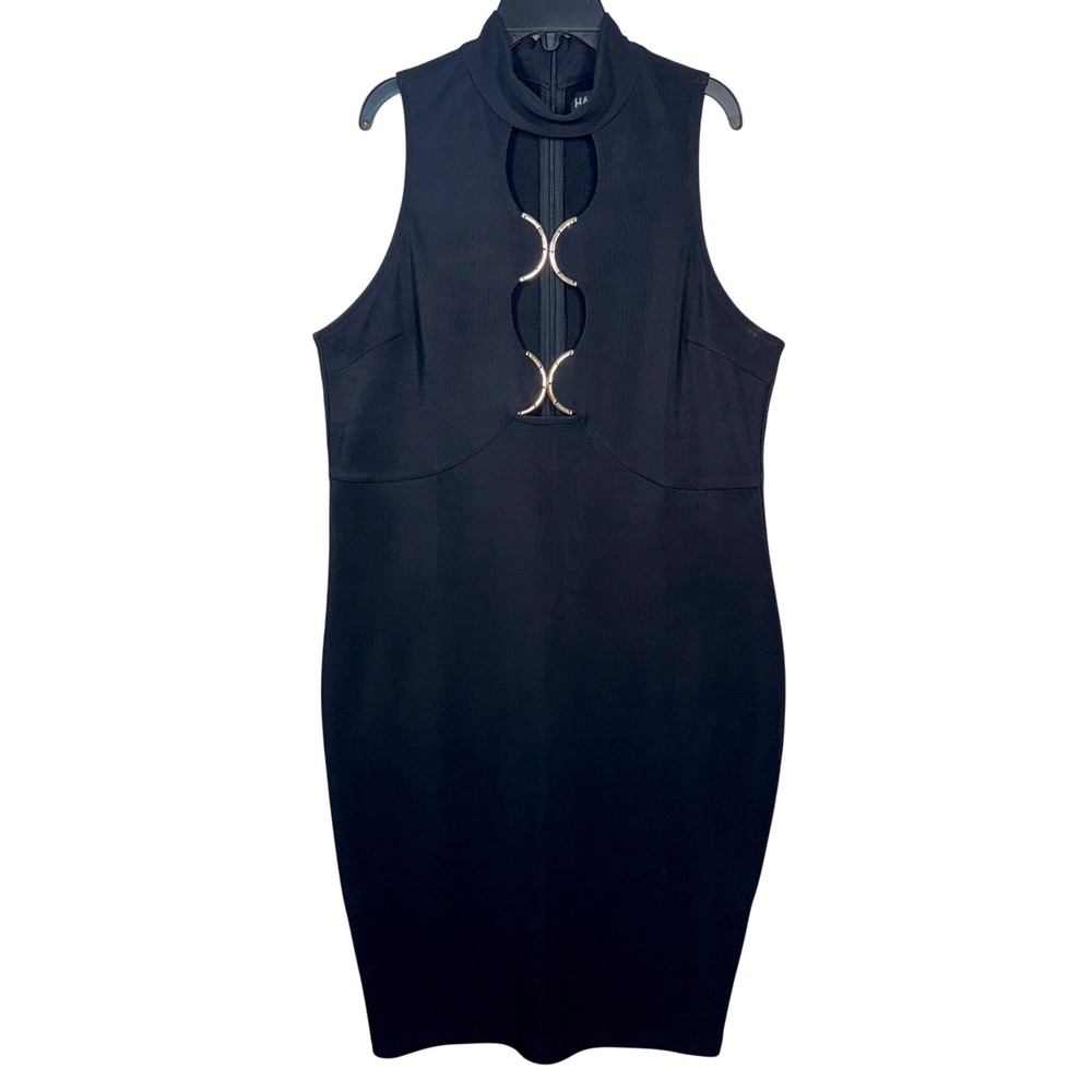Haute Fox Black Mock Neck Cutout Gold‎ Hardware Bodycon Dress 1X Plus Size
